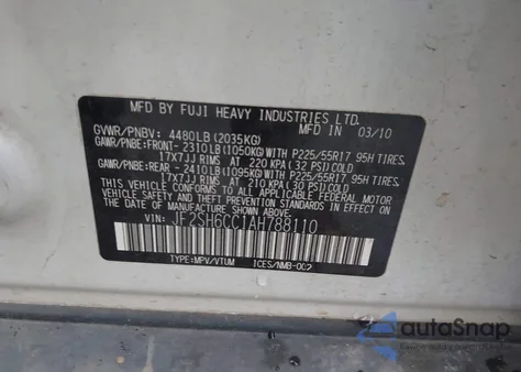 2010 Subaru Forester 2.5X Premium z USA, uszkodzony, nr VIN JF2SH6CC1AH788110